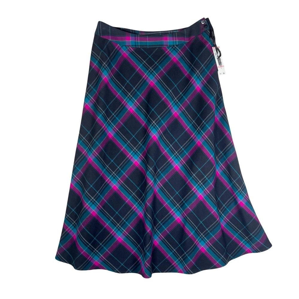 Jones Wear Womens Plaid‎ A-Line Midi Skirt Purple Pink Teal Gray Stretch 10 NWT